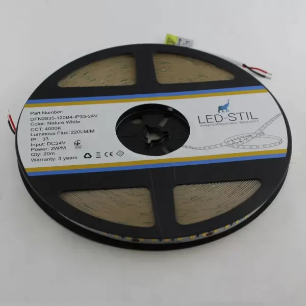 LED стрічка 24В DFN2835-120B4-2w-IP33-24В 120-2835-24В-IP33 2Вт 220Лм Білий Нейтральний 4000K CRI 80 10мм