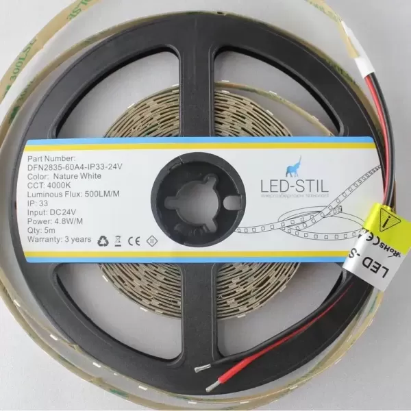 LED стрічка 24В DFN2835-60A4-IP33-24В 60-2835-24В-IP33 4,8Вт 500Лм Білий Нейтральний 4000K CRI 80 8мм