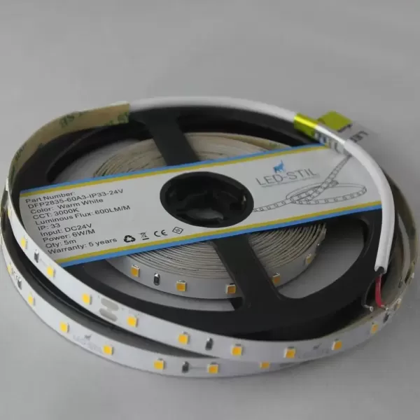 LED стрічка 24В DFP2835-60A3-IP33-24В 60-2835-24В-IP33 6Вт 550Лм Білий Теплий 3000K CRI 80+ 8мм