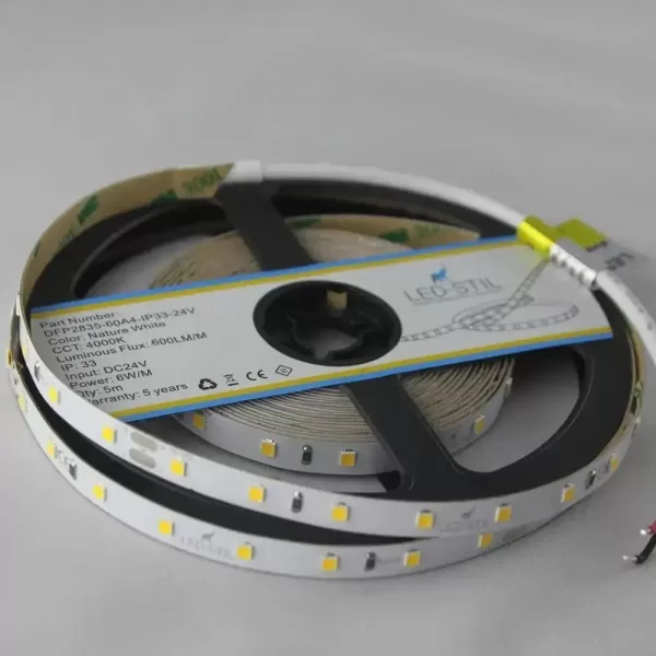 LED стрічка 24В DFP2835-60A4-IP33-24В 60-2835-24В-IP33 6Вт 600Лм Білий Нейтральний 4000K CRI 85+ 8мм