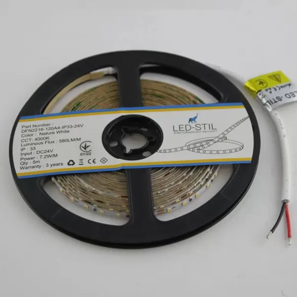 LED стрічка 24В DFN2216-120A4-IP33-24В 120-2216-24В-IP33 7,2Вт 600Лм Білий Нейтральний 4000K CRI 80 4мм
