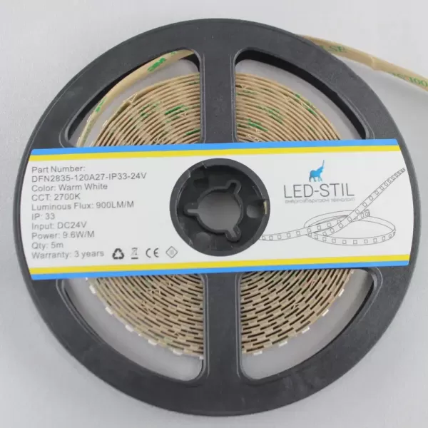 LED стрічка 24В DFN2835-120A27-IP33-24В 120-2835-24В-IP33 9,6Вт 900Лм Білий Теплий 2700K CRI 80 10мм