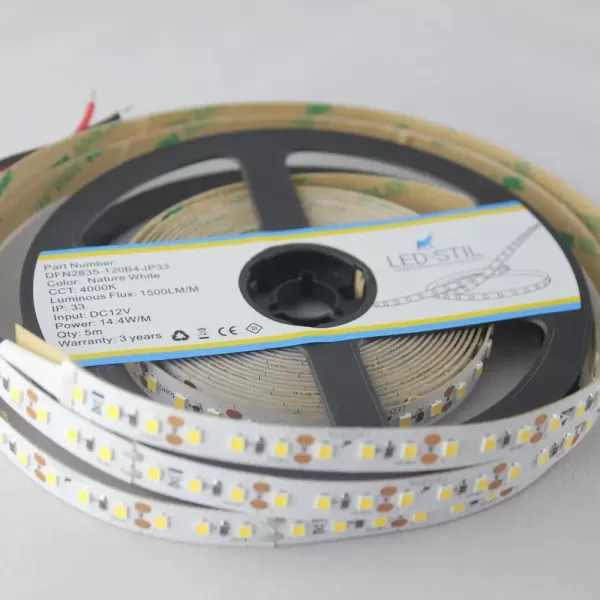 LED стрічка 24В DFN2835-120B4-IP33-24В 120-2835-24В-IP33 14,4Вт 1500Лм Білий Нейтральний 4000K CRI 80 10мм