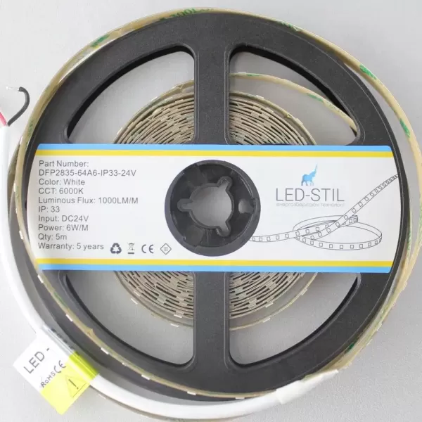 LED стрічка 24В DFP2835-64A6-IP33-24В 64-2835-24В-IP33 6Вт 1000Лм Білий Холодний 6000K CRI 85+ 8мм