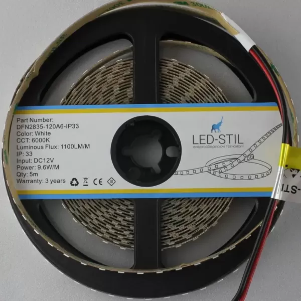 LED стрічка 24В DFN2835-120A6-IP33-24В 120-2835-24В-IP33 9,6Вт 1100Лм Білий Холодний 6000K CRI 80 8мм