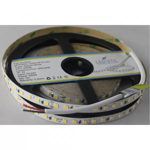LED стрічка 24В DFP2835-120A4-IP33-24В 120-2835-24В-IP33 6Вт 900Лм Білий Нейтральний 4000K CRI 85+ 8мм