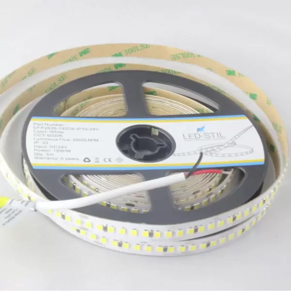 LED стрічка 24В DFP2835-192C6-IP33-24В 192-2835-24В-IP33 18Вт 2900Лм Білий Холодний 6000K CRI 85+ 10мм