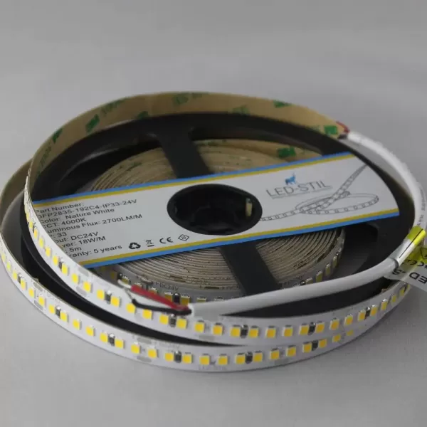 LED стрічка 24В DFP2835-192C4-IP33-24В 192-2835-24В-IP33 18Вт 2700Лм Білий Нейтральний 4000K CRI 85+ 10мм
