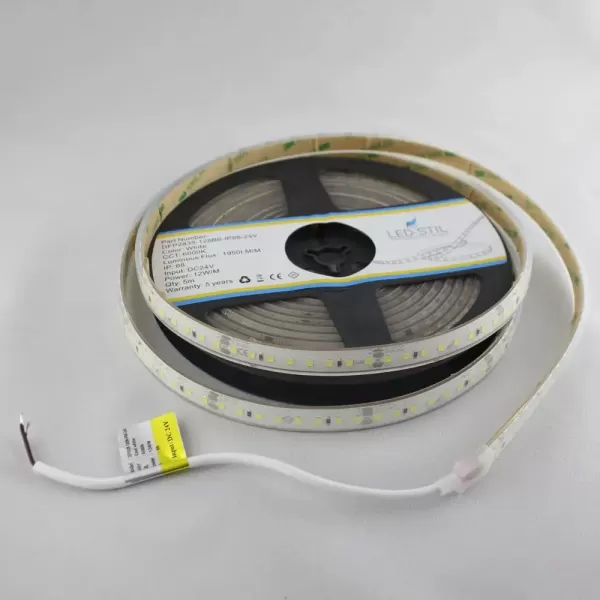LED стрічка 24В DFP2835-128B6-IP68-24В 128-2835-24В-IP68 12Вт 1950Лм Білий Холодний 6000K CRI 85+ 10мм