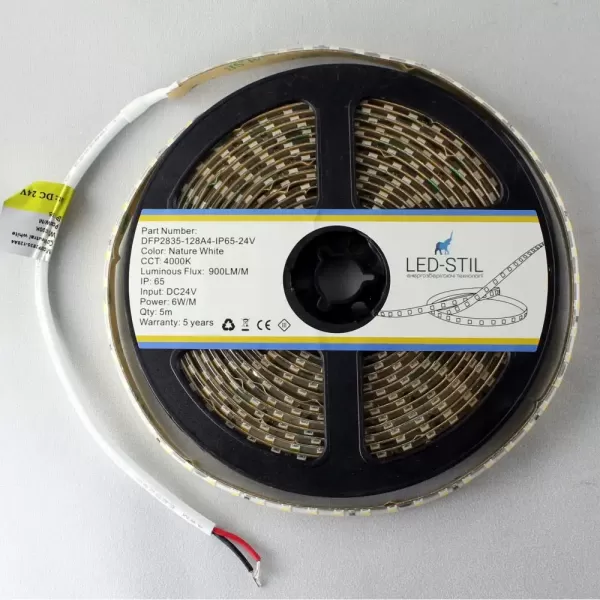 LED стрічка 24В DFP2835-128A4-IP65-24В 128-2835-24В-IP65 6Вт 900Лм Білий Нейтральний 4000K CRI 85+ 8мм