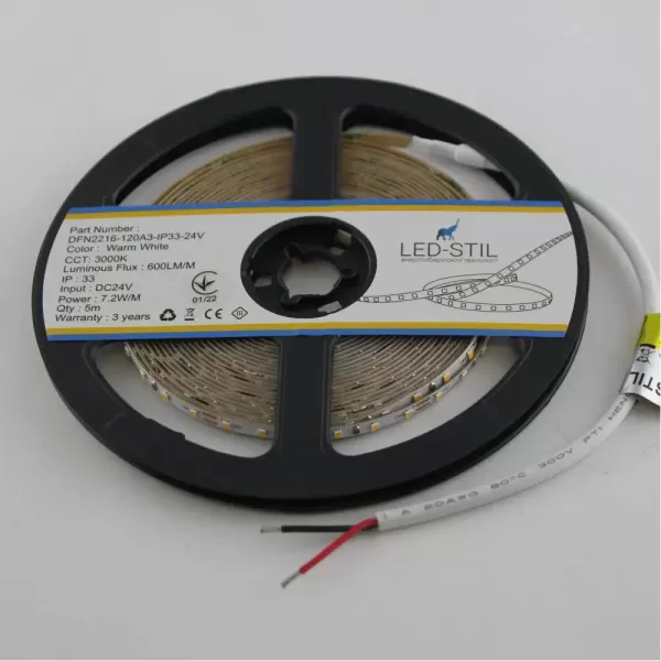 LED стрічка 24В DFN2216-120A3-IP33-24В 120-2216-24В-IP33 7,2Вт 580Лм Білий Теплий 3000K CRI 80 4мм