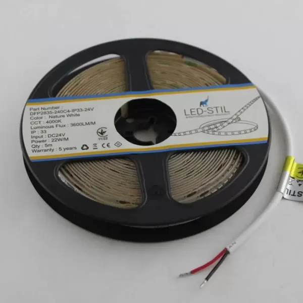 LED стрічка 24В DFP2835-240C4-IP33-24В 240-2835-24В-IP33 22Вт 3600Лм Білий Нейтральний 4000K CRI 85+ 12мм