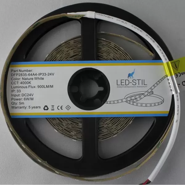 LED стрічка 24В DFP2835-64A4-IP33-24В 64-2835-24В-IP33 6Вт 900Лм Білий Нейтральний 4000K CRI 85+ 8мм