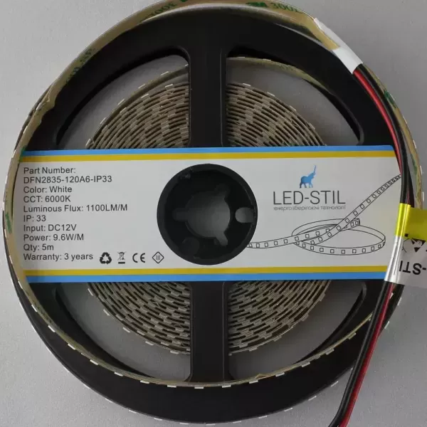 LED стрічка 24В DFN2835-120A6-IP33-24В 120-2835-24В-IP33 9,6Вт 1100Лм Білий Холодний 6000K CRI 80 8мм