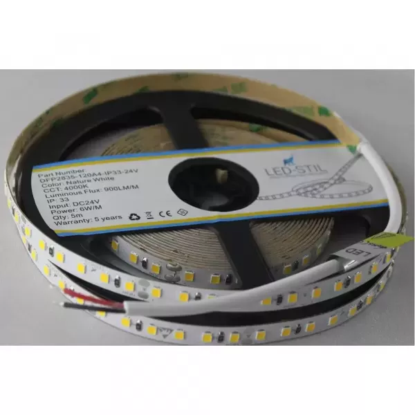 LED стрічка 24В DFP2835-120A4-IP33-24В 120-2835-24В-IP33 6Вт 900Лм Білий Нейтральний 4000K CRI 85+ 8мм