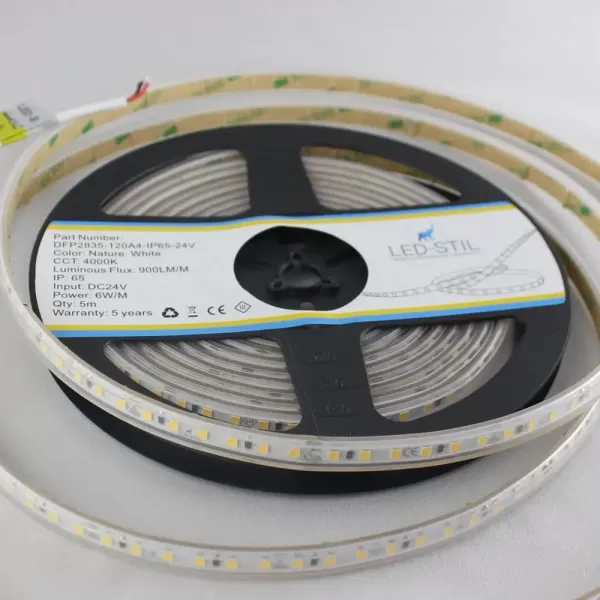 LED стрічка 24В DFP2835-120A4-IP65-24В 120-2835-24В-IP65 6Вт 900Лм Білий Нейтральний 4000K CRI 85+ 10мм