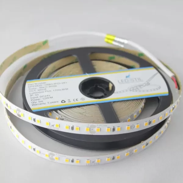 LED стрічка 24В DFP2835-128B3-IP33-24В 128-2835-24В-IP33 12Вт 1700Лм Білий Теплий 3000K CRI 80+ 10мм