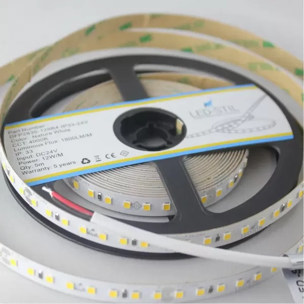 LED стрічка 24В DFP2835-128B4-IP33-24В 128-2835-24В-IP33 12Вт 1800Лм Білий Нейтральний 4000K CRI 85+ 10мм