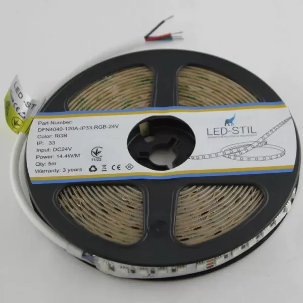 LED стрічка 24В DFN4040-120A-IP33-RGB-24В 120-4040-24В-IP33 14,4Вт RGB CRI 85+ 10мм